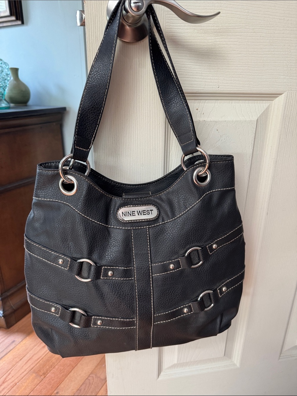 Nine West Black Shoulder Tote with Silver Accents Vintage